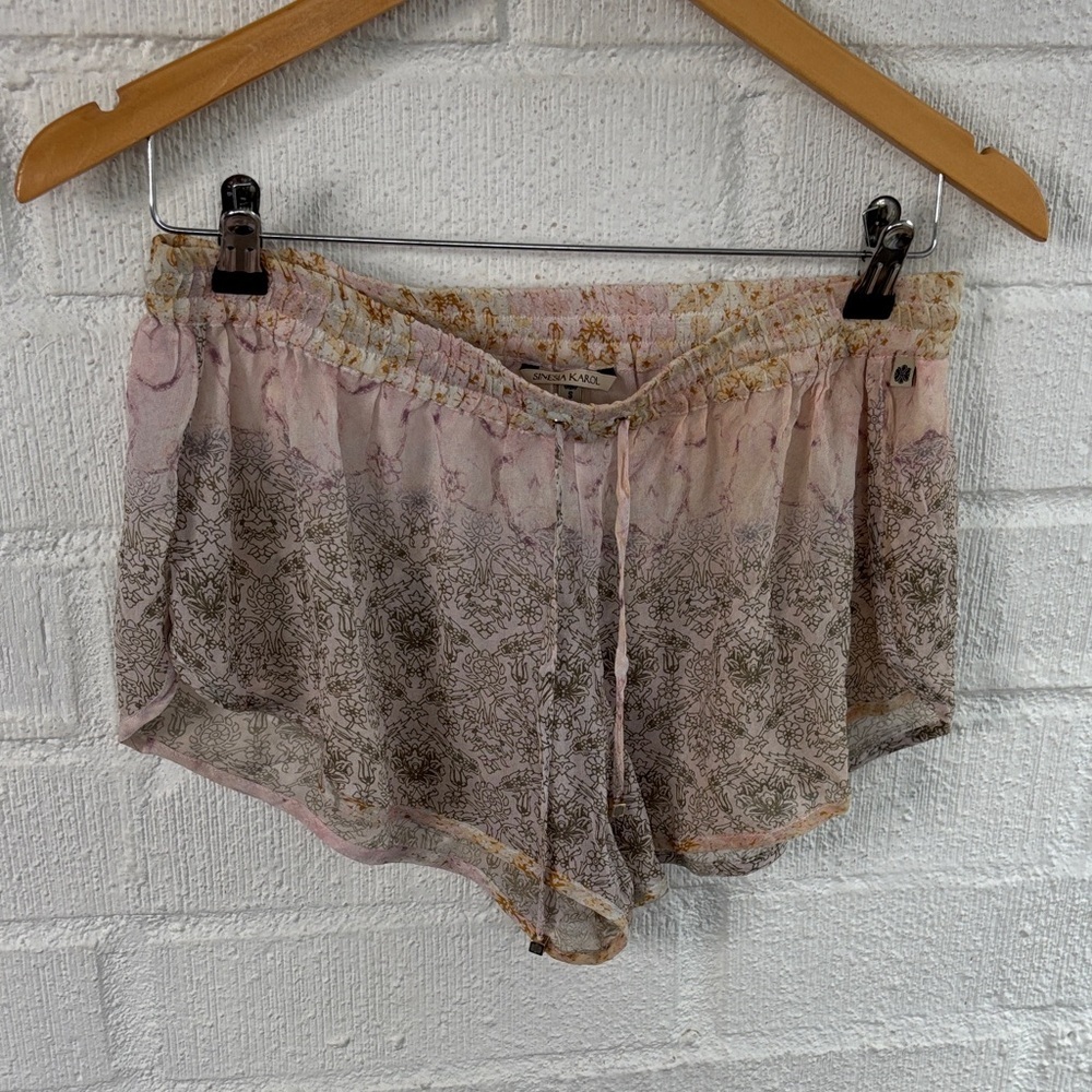 Sinesia Karol Pink and Gold Patterned Silk Boho Swimwear Shorts sz S